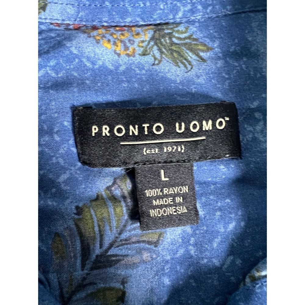 Pronto Uomo Mens Large Blue Tropical Pineapple Palm Tree Rayon Button Down Shirt - Picture 5 of 5